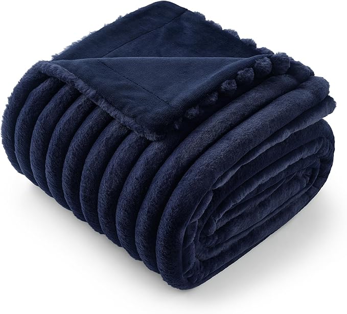 Amélie Home Faux Fur Throw Blanket for Couch, Cozy Fuzzy Fluffy Fur Luxurious Soft Striped Plush Gift Blankets for Family Sofa Chair Bed Living Room Bedroom, 55"x70", Navy Blue