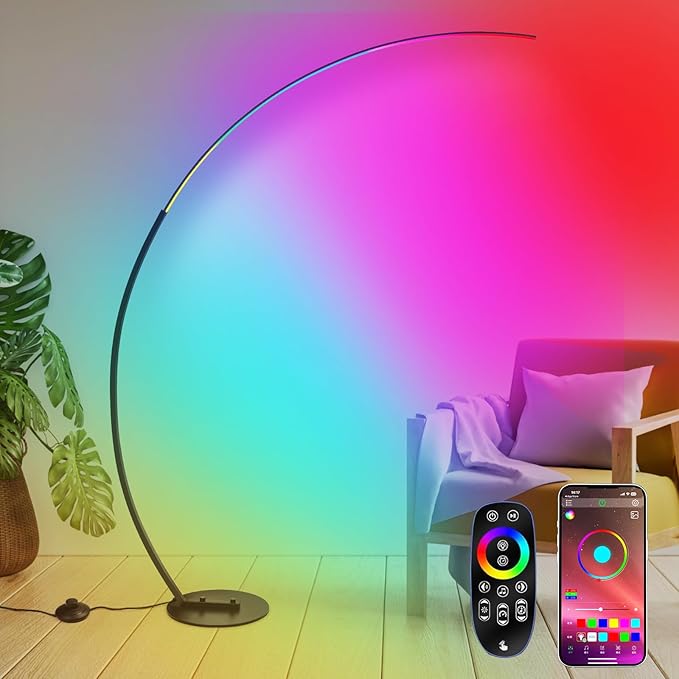 CHICLUX RGBW Arc Floor Lamp, Dimmable LED Floor Lamp with RGBW, Ultra Bright, Modern Standing Tall Lamp with Remote Reading Floor Lamp for Living Room Bedroom Office