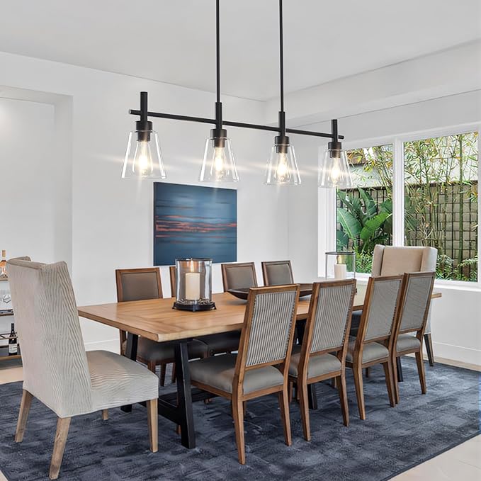 Black Kitchen Island Lighting Linear Chandeliers with Glass Shades Hanging Farmhouse Pendant Light Fixtures for Dining Room, 4 Lights