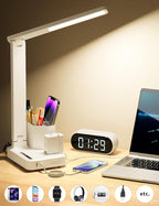 COZOO LED Desk Lamp with 2 USB Charging Ports,Type C Port,1 AC Outlet,2 Pen Holders,3 Color Temperature 3 Brightness Level,Touch/Memory/Timer,10W Eye Protection Foldable Reading Light,Study Lamp-White