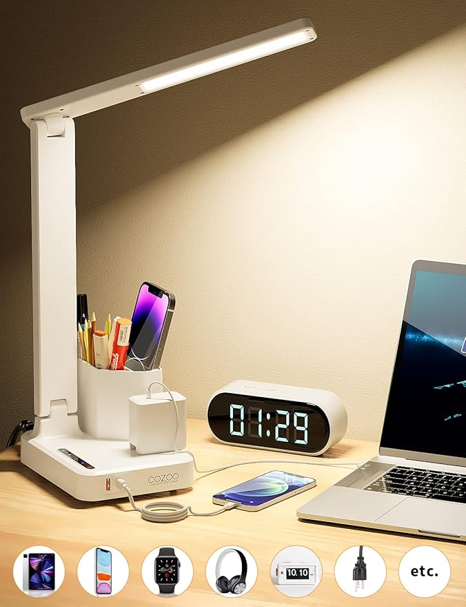 COZOO LED Desk Lamp with 2 USB Charging Ports,Type C Port,1 AC Outlet,2 Pen Holders,3 Color Temperature 3 Brightness Level,Touch/Memory/Timer,10W Eye Protection Foldable Reading Light,Study Lamp-White