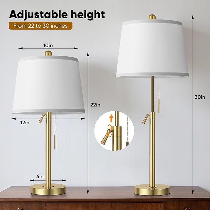 PARTPHONER Bedside Lamps Set of 2, Tall Table Lamps for Living Room, Height Adjustable Nightstand Lamps for Bedroom Office, Modern End Table Lamps with Pull Chain(LED Bulbs Included), Gold