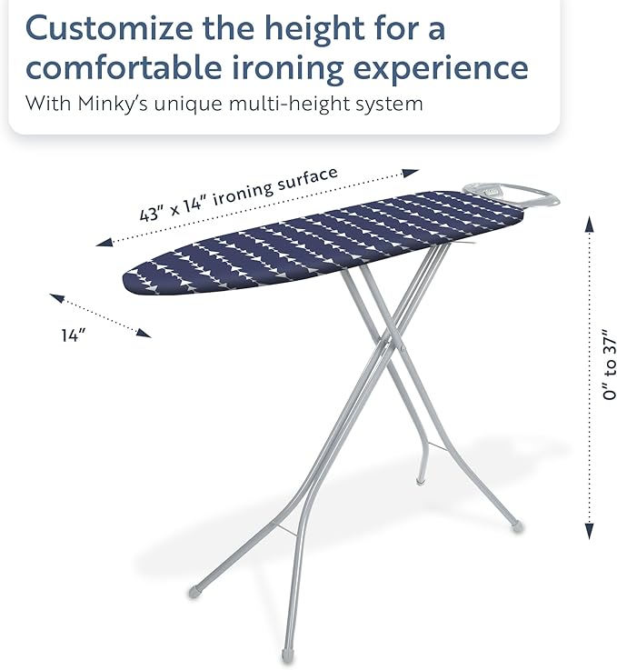 Classic 4-Leg Ironing Board with Iron Rest - Freestanding Full Size Iron Board for Clothes Pressing and Steaming with 43" x 14" Surface - Blue Arrows
