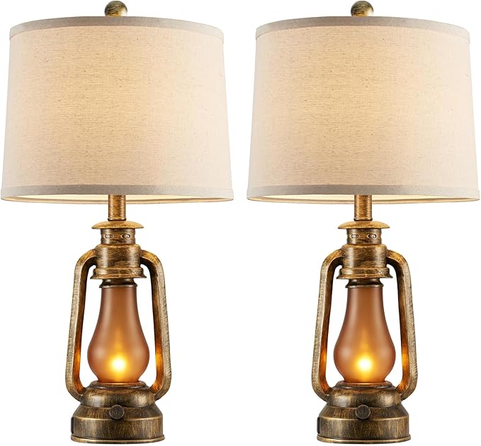 RORIANO 25" Set of 2 Rustic Lantern Table Lamps for Living Room Bedroom, 2 USB Ports Farmhouse Vintage Bedside Desk Lamp Nightlight for Entryway Office End Table, 4 Bulbs Included