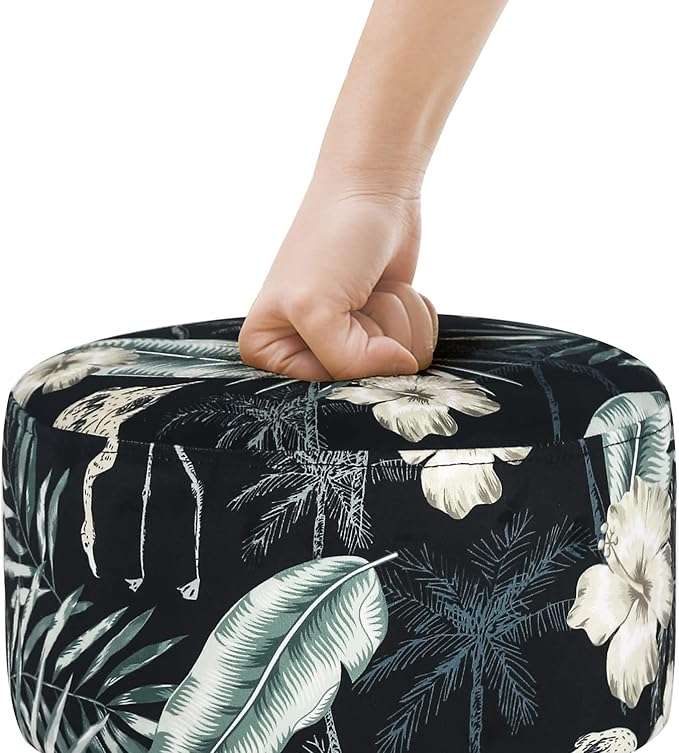 Asense Round Small Footrest Ottoman Velvet Fabric Padded Footstools with Anti-Slip Wooden Legs, Patterns Black