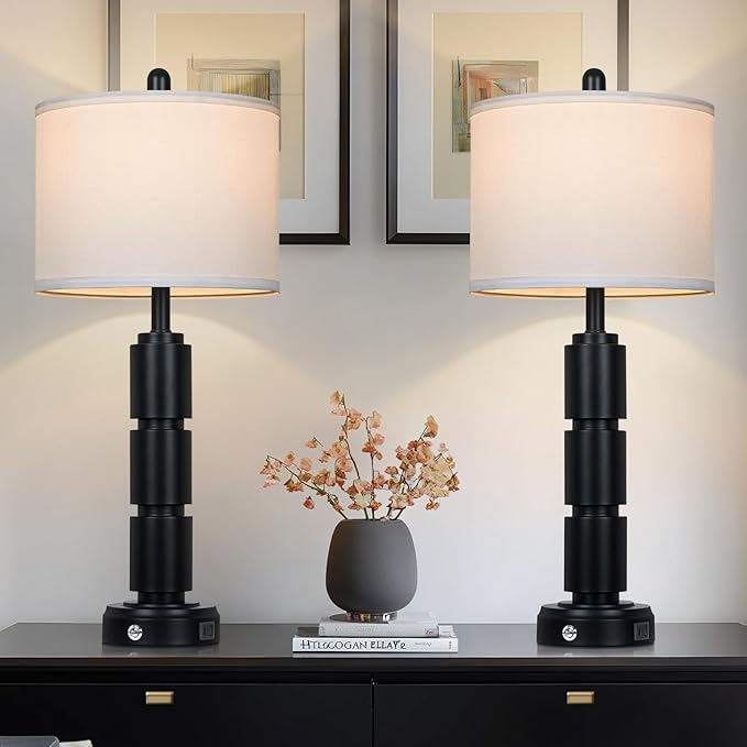 Set of 2 Modern Table Lamps for Living Room Bedroom,29" Tall Bedside Lamp with 2 USB Port,Black Metal Touch Nightstand Lamp for Desk End Side Table Entryway,Black