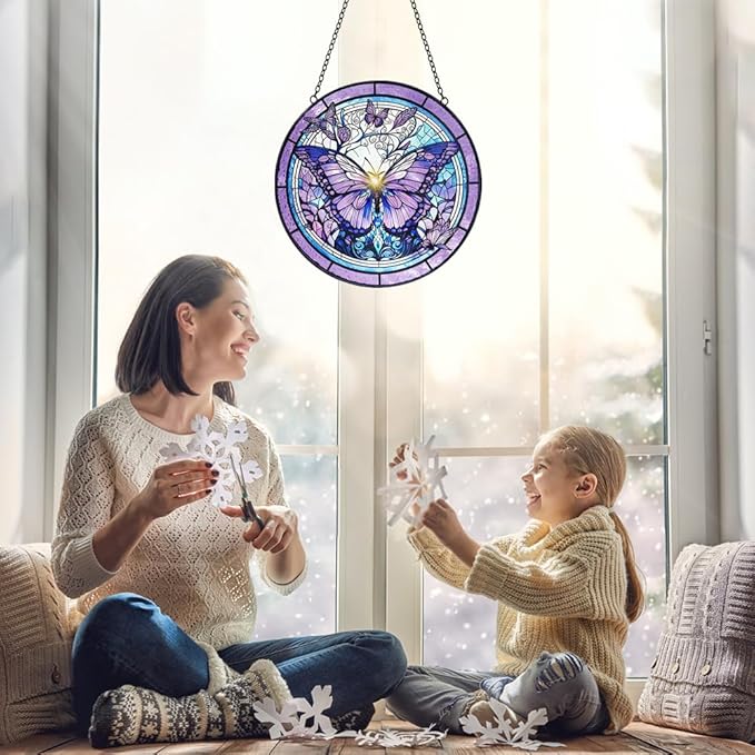 Butterfly Suncatcher Stained Glass Window Hanging - 8” Handmade Stained Glass Suncatchers for Windows Hanging - Sun Catchers Indoor Wall Art Garden Decor Catcher with Hook - Butterfly Gift for Women