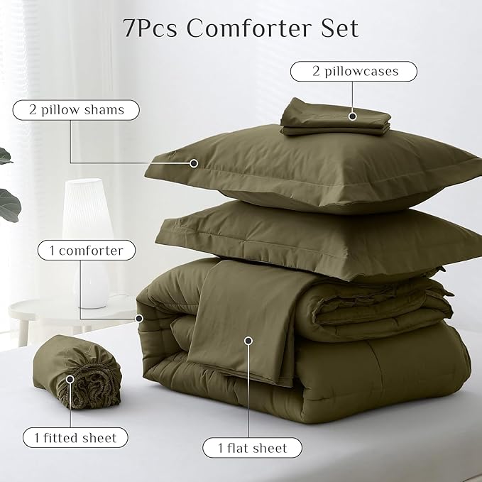 JOLLYVOGUE California King Comforter Set, Ultra-Soft Bed in a Bag Cal King Size 7 Pieces, Oeko-TEX Certified Bedding Set with Down Alternative Comforter, Sheets, Pillowcases & Shams, Olive Green