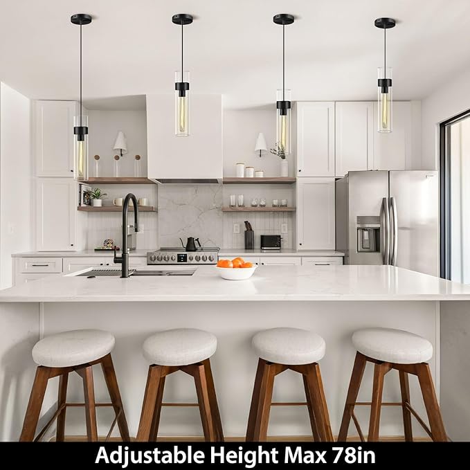 Modern Glass Black Pendant Lights Kitchen Island, Adjustable Cord Pendant Light Fixtures,Kitchen Pendant Lighting Over Island,Indoor Chandeliers for Bedroom Bathroom, Included Bulb