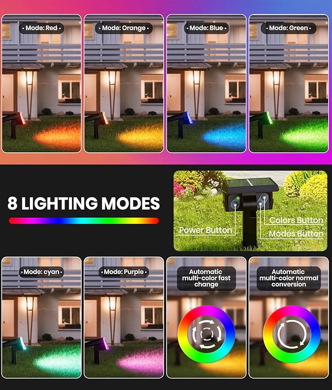 Solar Spot Lights Outdoor 2-Pack Multicolor IP65 Waterproof RGB - 6 Colors, 2 Modes, 105° Adjustable 58 LED Flood Lights, Solar Powered Spotlights for Yard, Garden, House & Landscape Lighting Outside