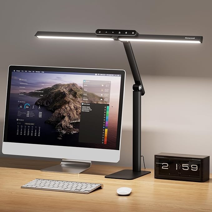 Honeywell LED Desk Lamp with Base - HJ1BK Sunturalux Eye-Caring Architect Desk Lamp for Home Office, 1200LM Computer Desk Light 4 Color Modes Stepless Dimming Task Desk Light with Timer Function Black