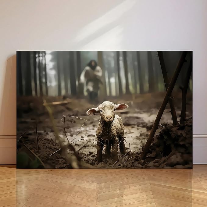 Framed Jesus Christ Wall Art Canvas Jesus and Lamb of God Christian Painting Prints Biblical Wall Decor Religious Room Decor for Church Prayer Room Christian Schools Hospitals 24'' x 36''