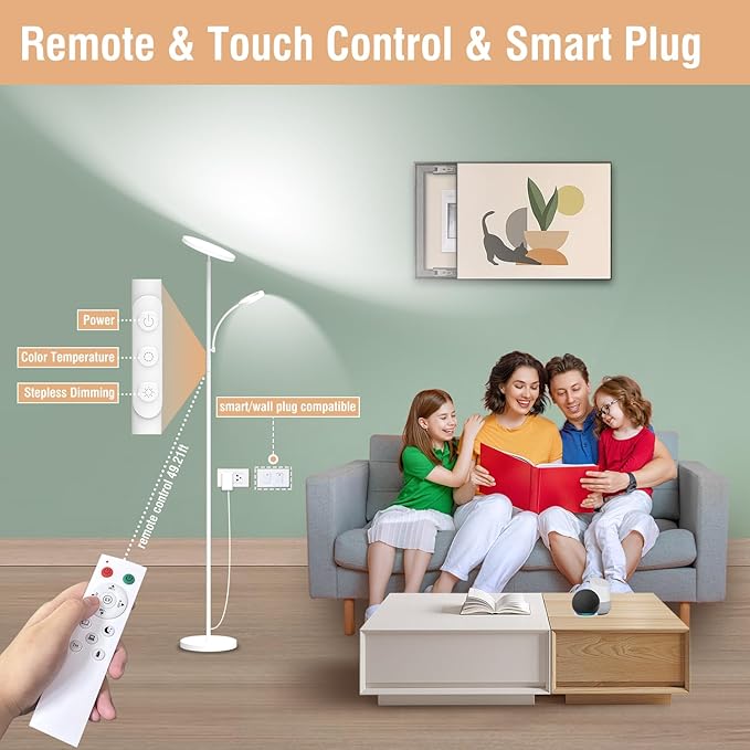 White Floor Lamp, 42W 4000LM Super Bright LED Room Lamp with Adjustable Reading Light,Dimmable Modern Standing Lamp with Remote & Touch Control for Room Bedroom Office Floor Light