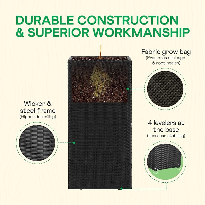 IDZO All-Weather Wicker Planters, Set of 2, 24 in Tall Wicker Planters, Self-Watering with Drainage, Durable PP Material, Raised Garden Bed Alternative, Indoor Outdoor Use, Modern Rattan Design