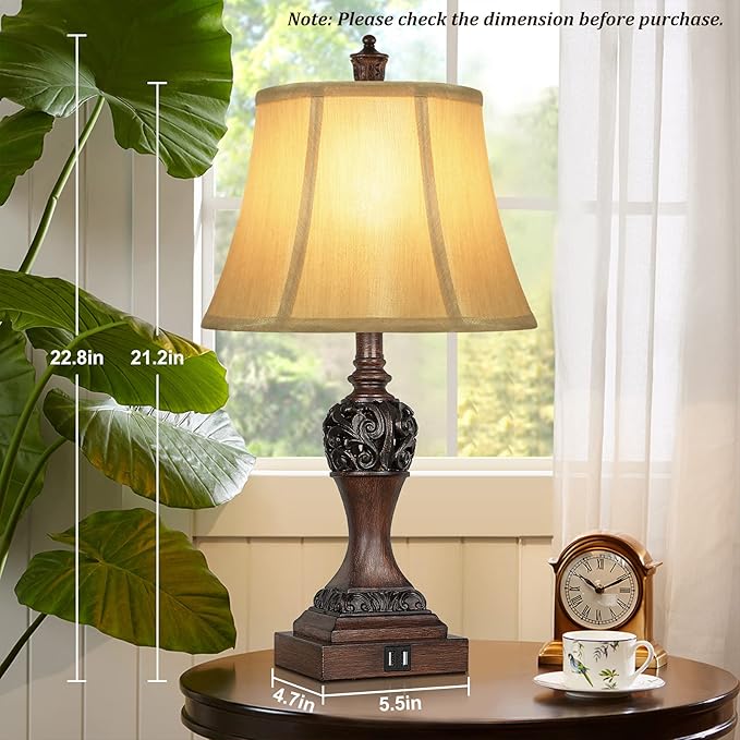 Set of 2 Touch Control 3-Way Dimmable Table Lamps with 2 USB Charging Ports Traditional Bedside Lamps with Bell Shape Faux Silk Shade & Brown Base for Bedroom Nightstand Living Room LED Bulbs Included