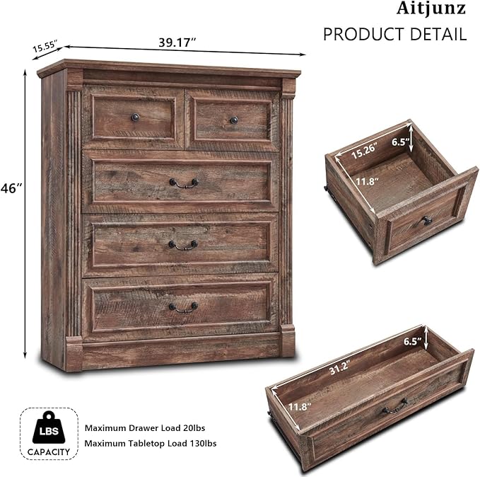 Farmhouse 5 Drawers Dresser for Bedroom, 46" Tall Dressers & Chests of Drawers w/Roman Column, Large Storage Dressers Organizer for Bedroom, Hallway, Living Room, Light Brown