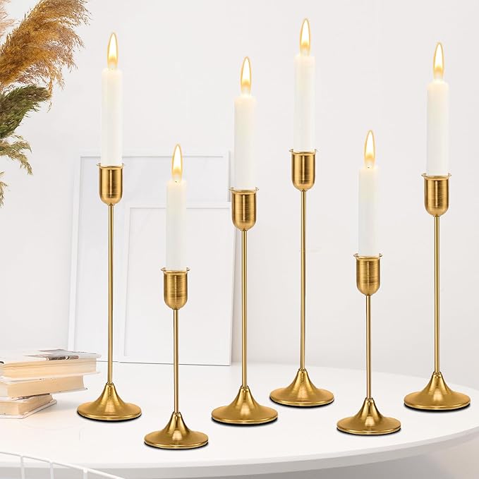 6 Pcs Brass Gold Candle Holders Set, Candelabra Tall Candle Stand, Metal Taper Candlestick Holders for Dining, Table Centerpieces & Vintage Home Decor– Housewarming Gift for Halloween Decor, Christmas