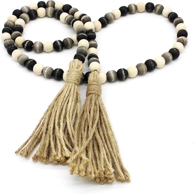 CVHOMEDECO. Wood Beads Garland with Tassels Farmhouse Rustic Wooden Prayer Bead String Wall Hanging Accent for Home Festival Decor. Black Grey Mix Distressed