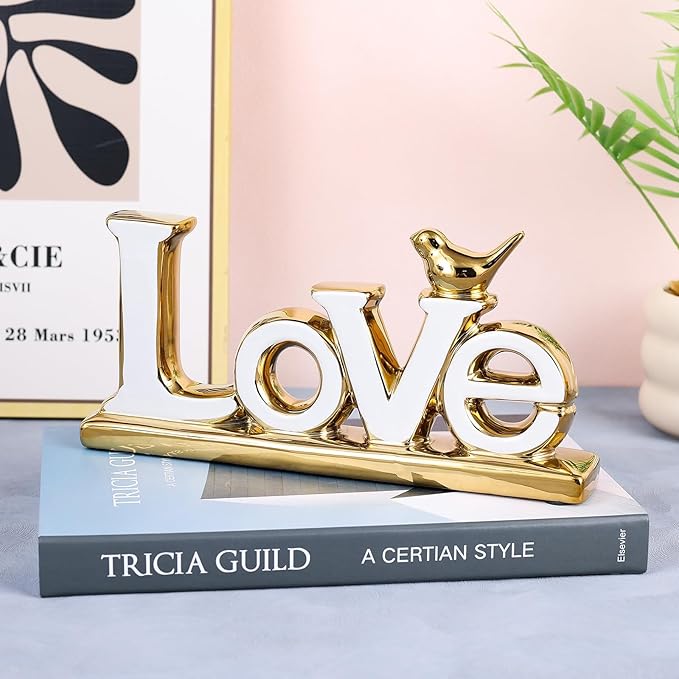 Love Sign Decoration - White & Gold Modern Bird Sculpture Statue, Personalized Love Decor for Living Room, Bedroom, Desktop