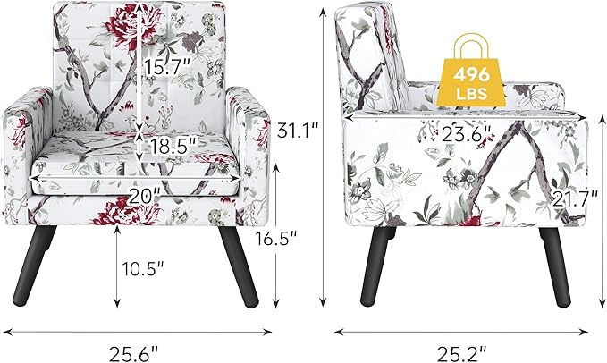 Kromax Mid-Century Modern Accent Chair for Living Room, 496 Lb. Weight Capacity, Dual Armrests, Comfy Extra Large Seat, Timeless Style Perfect for Reading & Relaxing, Red Floral
