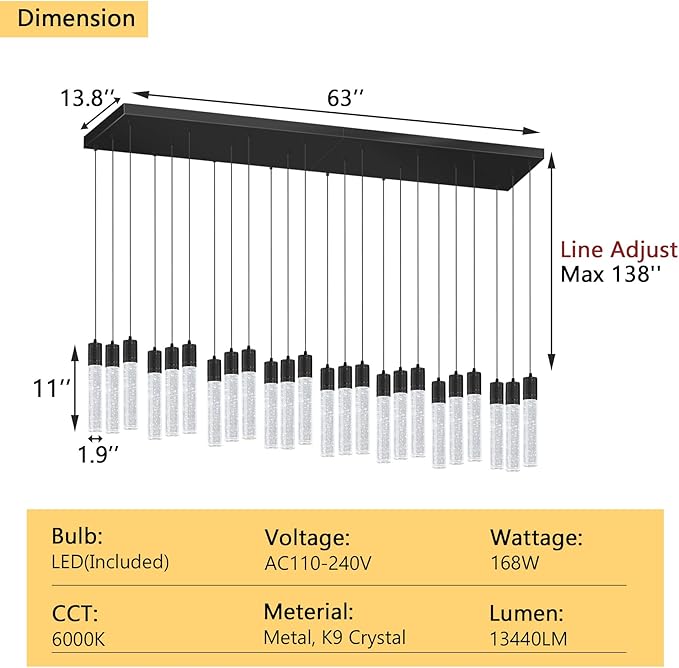 24-Lights Modern Crystal Chandeliers LED Pendant Light for Kitchen Island Dining Room Entrance Foyer Living Room 6000K Black