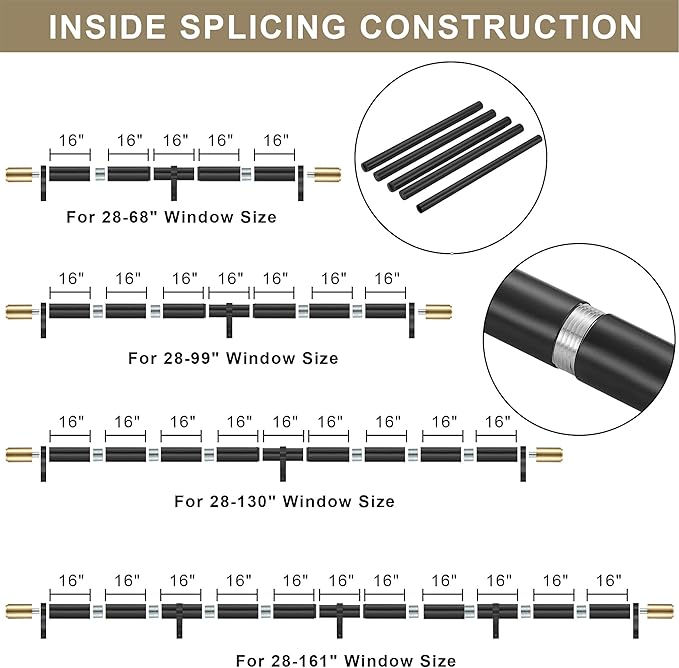 Curtain Rods for 28-130” Windows, Splicing Construction, 1” Adjustable Drapery Rod with Aluminum Alloy Brackets and Finials for Window, Sliding Door, Patio, Living Room Decoration, Matte Black&Gold