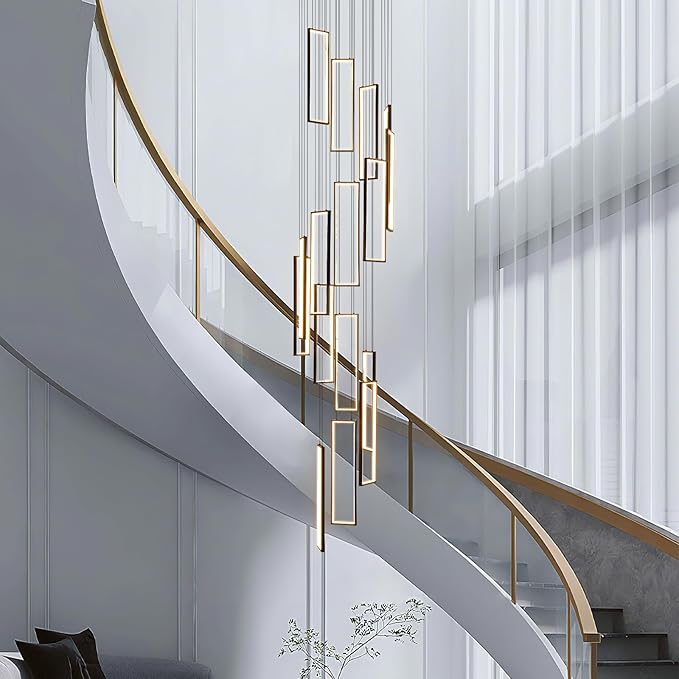 Modern Adjustable Height Pendant Light Fixture Black 288W LED Pendant Lights 16 Rings Rectangular Chandelier Staircase Large Chandelier Lobby Living Room Foyer High Ceiling Chandeliers