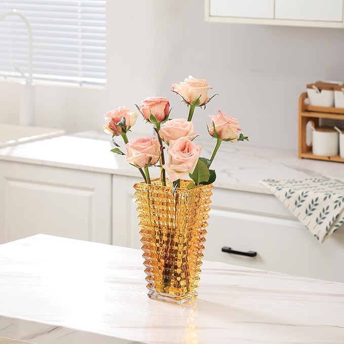 MCMCNCUIU Crystal Vase, Large Crystal Vases for Flowers, Amber Large Flower Vase, Modern Glass Vases for Living Room, Bedroom, Kitchen, Dining Table, Mantle, Wedding, 9 Inches