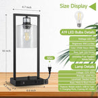 16" Set of 2 Industrial Table Lamps with USB A+C Charging Ports and AC Outlet, Fully Stepless Dimmable Bedside Lamps with Seeded Glass Shade for Bedroom Living Room Office, LED Bulbs Included