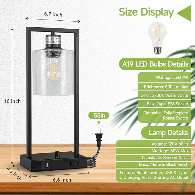 16" Set of 2 Industrial Table Lamps with USB A+C Charging Ports and AC Outlet, Fully Stepless Dimmable Bedside Lamps with Seeded Glass Shade for Bedroom Living Room Office, LED Bulbs Included