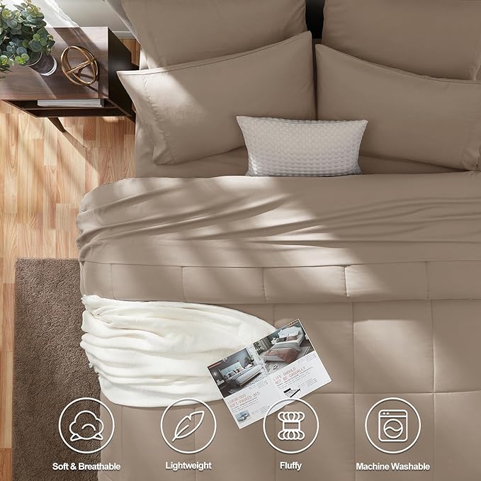 CozyLux Queen Comforter Set Khaki, 7 Pieces Bed in a Bag, Khaki Comforter Queen Size, All Season Bedding Sets with Stitch Quilted Comforter, Flat Sheet, Fitted Sheet, Pillowcases