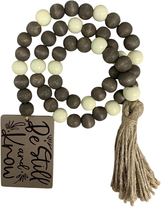 40" Handmade Farmhouse Bead Garland Wood with Tassel, Boho Chic Decorative String Beads Home Decor, Table Tiered Tray Country Wooden Accents (Serenity Natural: Be Still and Know, 0.63" Diameter)