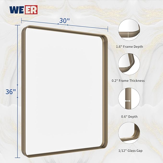 WEER 36x30 Inch Bronze Bathroom Mirror for Vanity, Brushed Bronze Metal Frame Mirror for Wall, Rounded Rectangle Bronze Frame Mirror with Tempered Glass, Anti-Rust (Horizontal/Vertical)