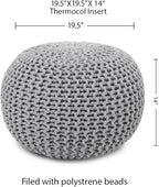 REDEARTH Round Boho Pouf Ottoman - Cable Knitted Cord Boho Pouffe - Stuffed Poof Accent Beanbag Footrest for Living Room - Nursery - Bedroom - Covered Patio - Study Nook (19.5"x19.5"x14") - Gray
