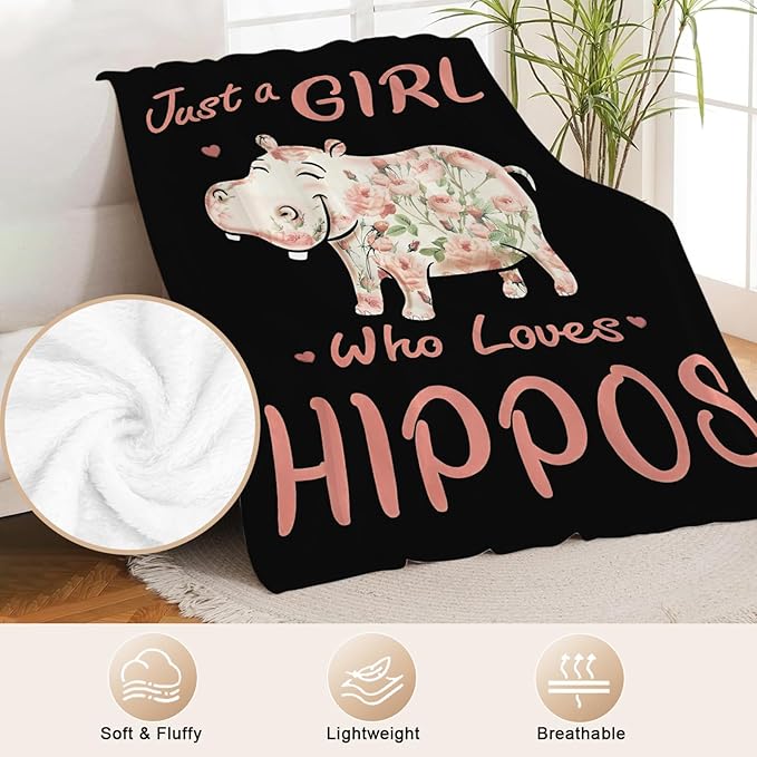 Hippo Blanket for Girls Women Just A Girl Who Loves Hippos Gifts Throw Blanket Lightweight Fuzzy Cozy Plush Flannel Fleece Blankets for Bed Decor 40"x50"
