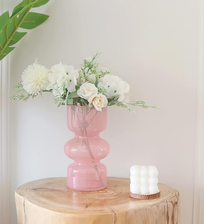 JSPYFITS Glass Hydroponic Flower Vase, 7 Inches Colored Glassbubble Vases for Flowers, Three-Layer Glass Funky Vase for Home/Office/Weddings/Party Table Flower Decor (Pink)