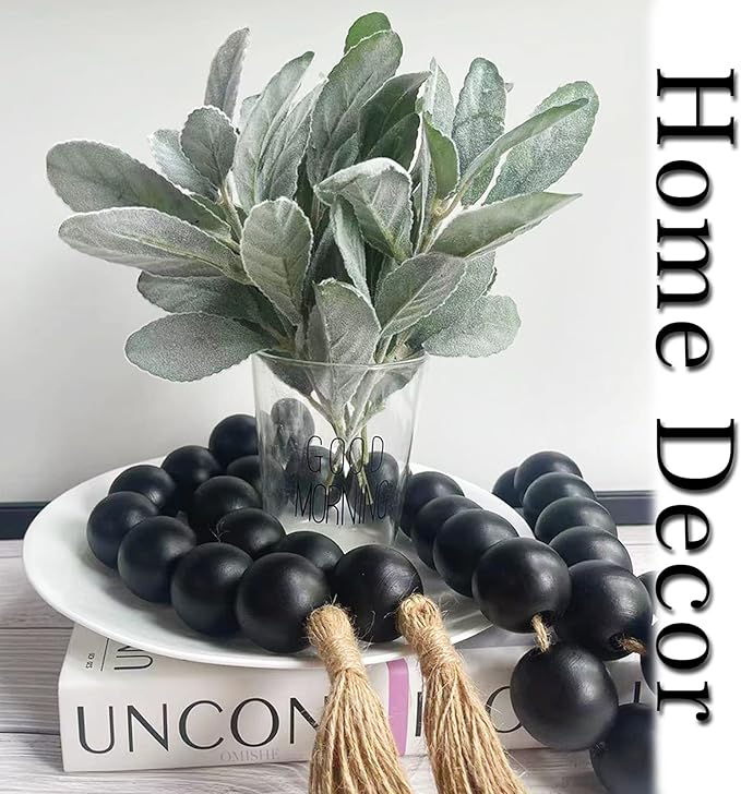 OMISHE 76" Long Extra Large Wood Bead Garland with 1.6" Diameter Wooden Beads and Tassels, Rustic Farmhouse Country Decorative Beads for Home Tiered Tray Decor, Black