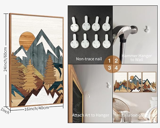 SIGNINART Vintage Mountain Framed Canvas Wall Art Set, Boho Sunrise Art Prints, Forest Nature Wilderness Art Paintings, Modern Farmhouse Woodcut Style Wall Decor for Living Room Bedroom, Office 16"x24"x3