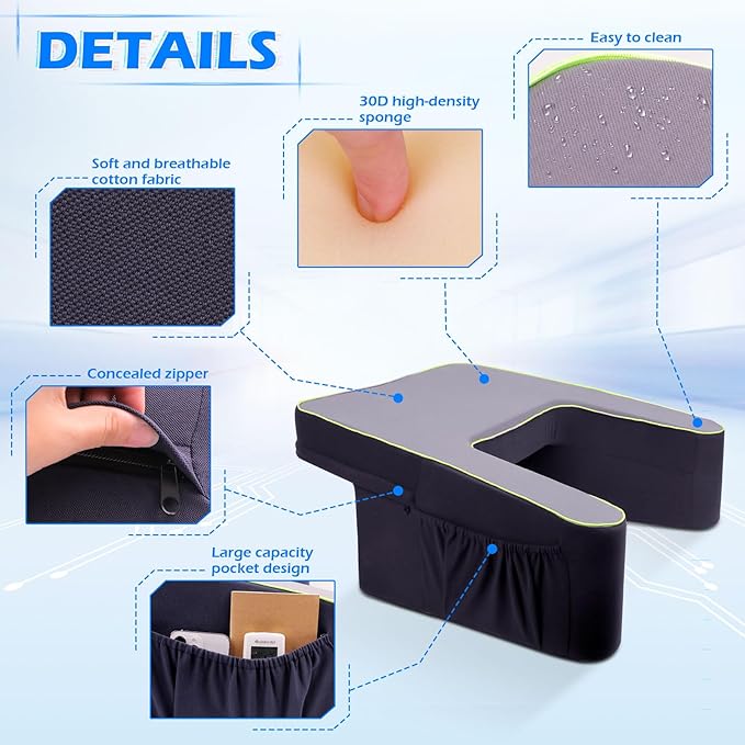 Reading Pillow for Gaming, Arm Rest Lap Pillow Memory Foam Bed Rest Pillow for Working, Soft Lap Desk Pillow Gaming Pillow with Side Pockets, Pillow for Sitting in Bed Floor Sofa Laptop