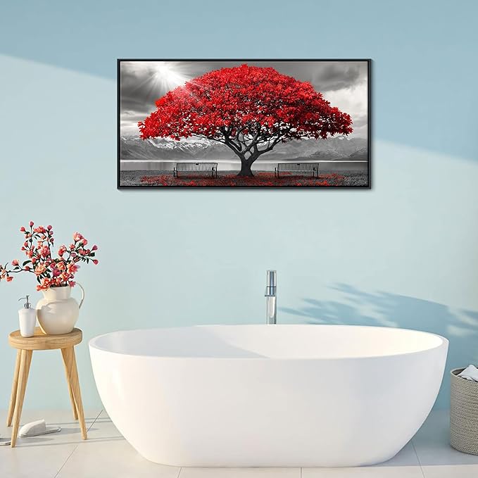 AJAZIKO Red Wall Art - Modern Framed Wall Art for Living Room - Red Tree Black and White Landscape Canvas Prints Posters & Prints for Home Office Bedroom Decorations - Large Wall Pictures 20×40IN
