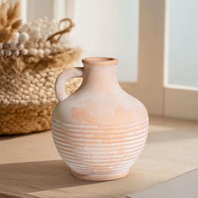 Ceramic Flower Vase with Handle, 6 inch Rustic Terracotta Vase, Vintage Clay Pottery, Farmhouse Decor, House Decorations for Home, Living Room, Bedroom, Entryway, Kitchen Decor