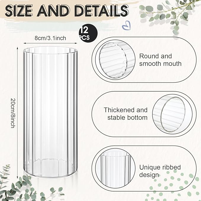12 Pcs Glass Cylinder Vases for Centerpieces 8 Inch Clear Ribbed Tall Bud Vase for Centerpieces for Flower Wedding Decoration Floating Candle and Indoor Home Decor, Housewarming Gift