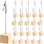 20 Pcs Cube Base Memo Clip Holder with Alligator Clip Wood Table Number Holder Cube Base Place Card Stand Mini Photo Menu Stand for Displaying Number Card (Light Wood Color)
