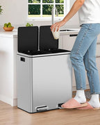 Arlopu 16 GallonStainless Steel Trash Can, 60L Dual Compartment, Metal Kitchen Step Recycle Bin, Metal Double Dustbin, in-Home Garbage Rubbish Can W/Removable Liner Buckets (Silver)