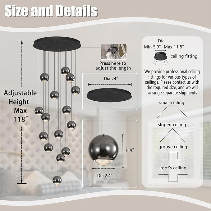 Staircase Chandelier Modern Crystal Pendant Light Large Chandeliers for High Ceilings Crystal Raindrop Chandelier High Ceiling Light for Living Room Stair Entryway Hallway Foyer D24''xH118''