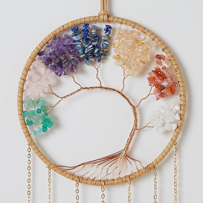 Rainbow 7 Agates Gemstone Dream Catcher 7 Chakras Tree of Life Dream Catcher with Healing Crystal Stones Handmade Dreamcatcher Wall Decor for Adults Boys Girls,Bedroom,Wedding,Garden,Bless Gift
