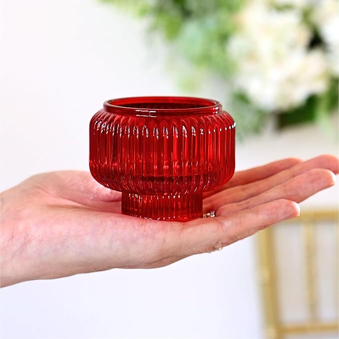 Kate Aspen Red Ribbed Taper Candle Holders for Candlesticks Set of 4, Candlestick Holders, Votive Candle Holder Decor, Red Kitchen Decor, Glass Candlestick Holder,Table Centerpieces, Holiday Accents