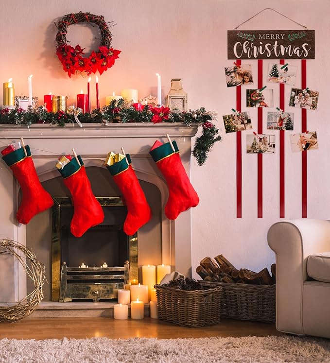 Christmas Card Holder Display, Card Holder Wall Display, Merry Christmas Wooden Decor, Xmas Hanging Picture Holders with 24 Photo Clips, Xmas Decor for Wall Door Window Home