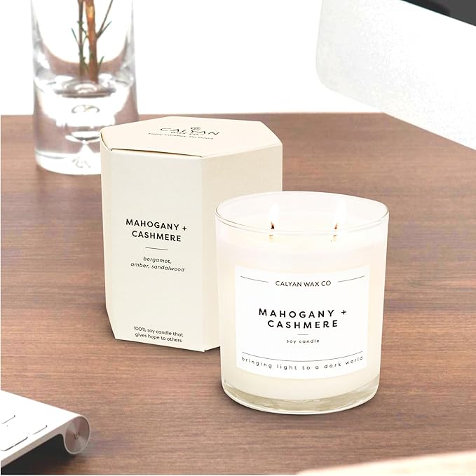 Calyan Wax Mahogany & Cashmere Scented Candle, 37 Hour Burn Time, Aromatherapy Soy Candles, Non Toxic & Vegan Soy Wax, Glass Tumbler Scented Candles, 12.5oz