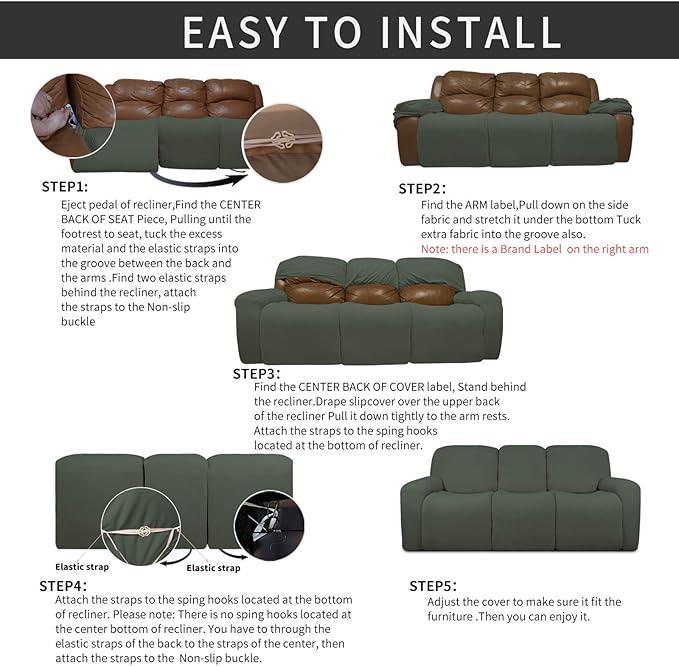 Easy-Going 8 Pieces Recliner Sofa Stretch Sofa Slipcover Sofa Cover Furniture Protector Couch Soft with Elastic Bottom Kids, Spandex Jacquard Fabric Small Checks Olive Green